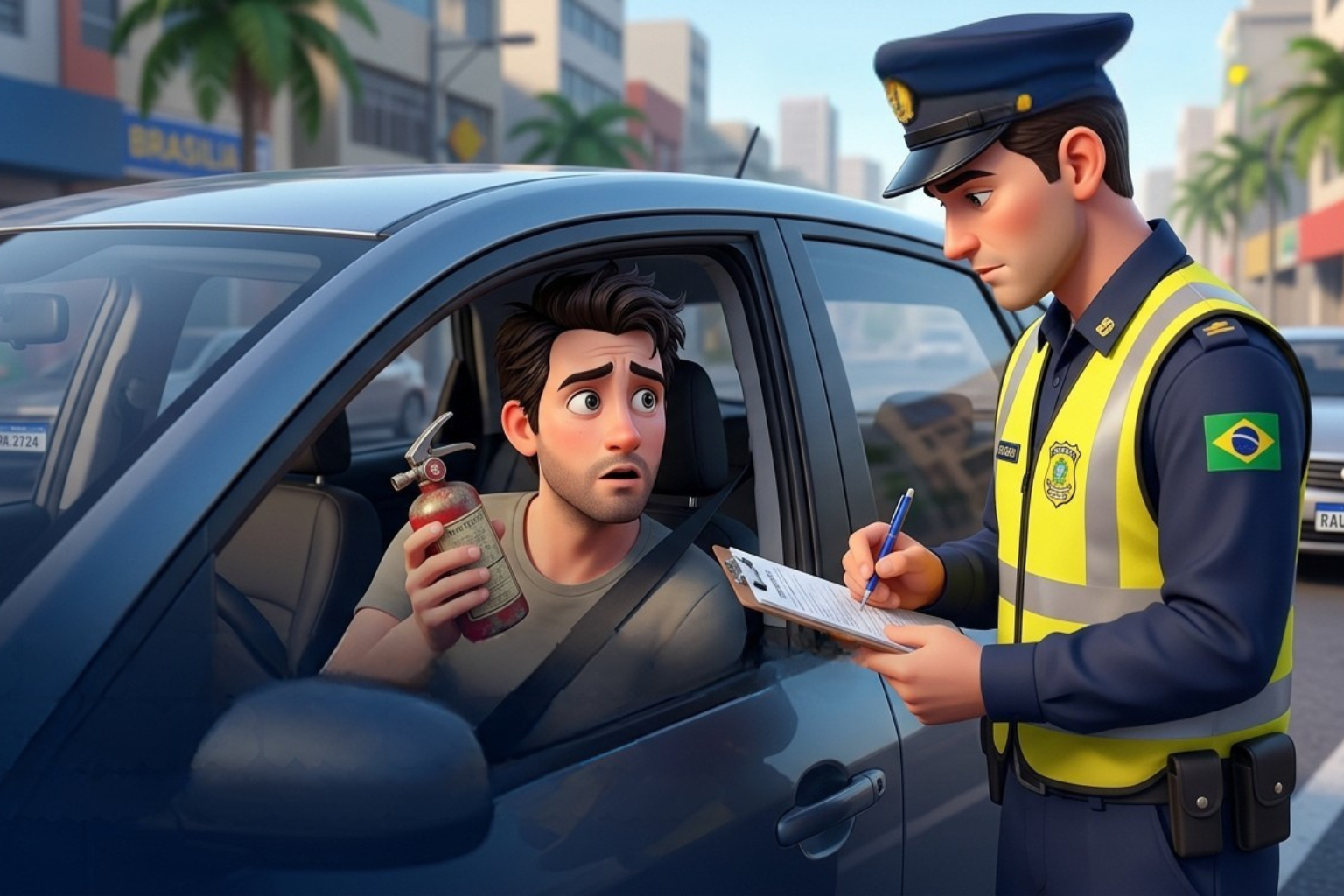 Motorista sendo multado por extintor irregular.