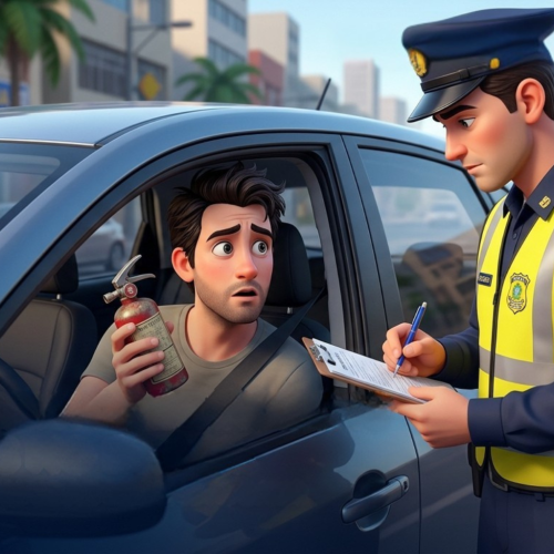 Motorista sendo multado por extintor irregular.